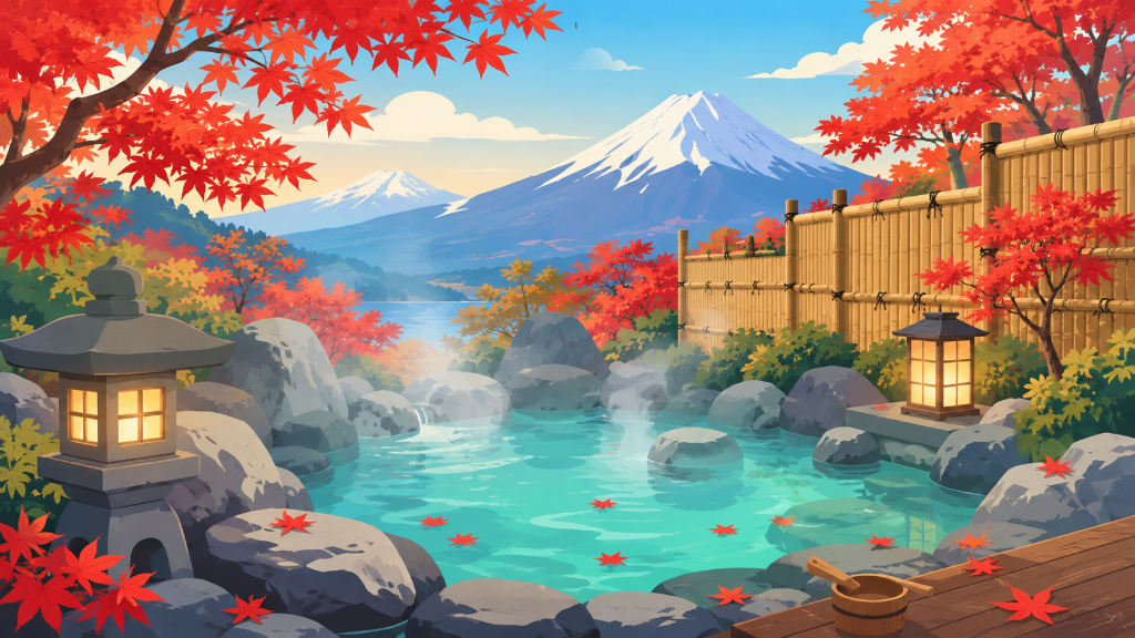 A beautiful outdoor Japanese onsen surrounded by autumn maple leaves and Mount Fuji in the background