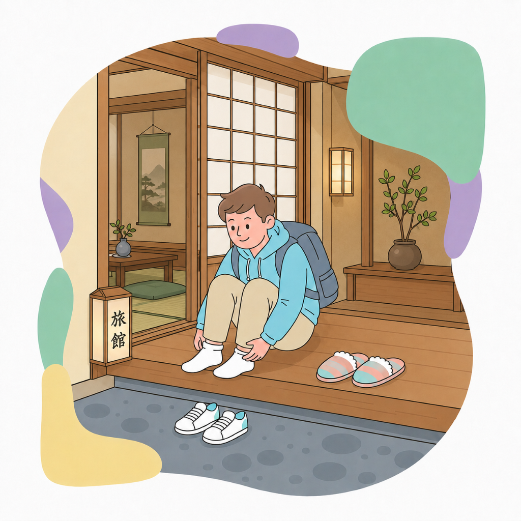 Japanese genkan entryway: removing shoes before stepping up into the home