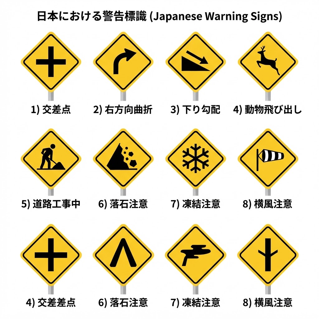 Japanese warning road signs - yellow diamonds